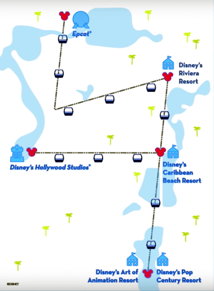Map of the Disney Skyliner route and stations