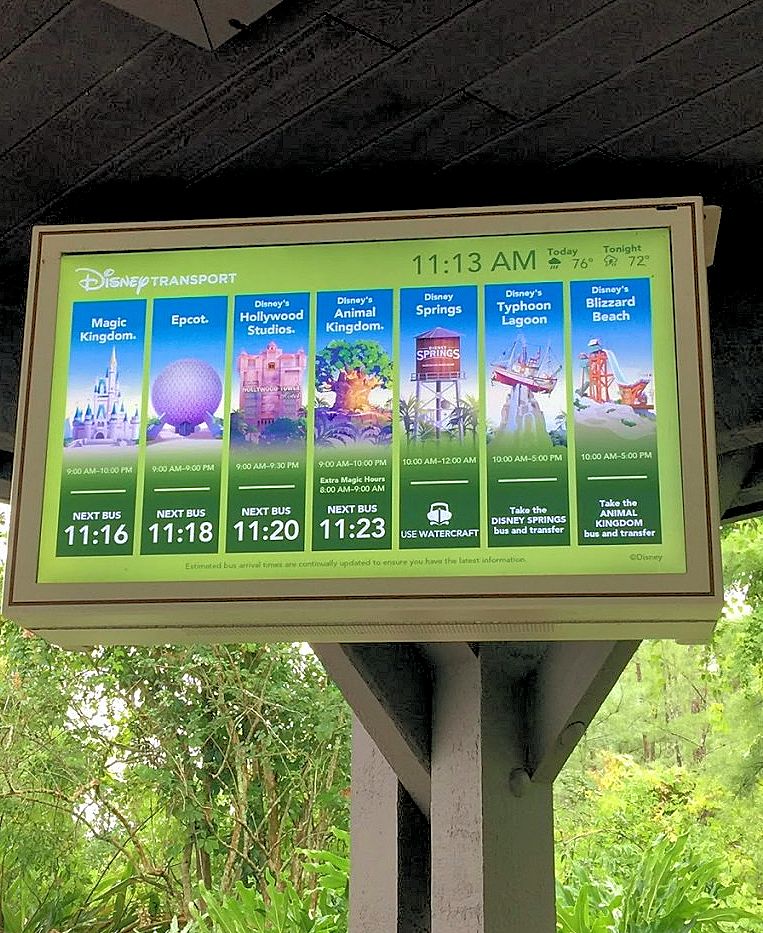 Electronic bus schedule display at Port Orleans Riverside Bus Depot