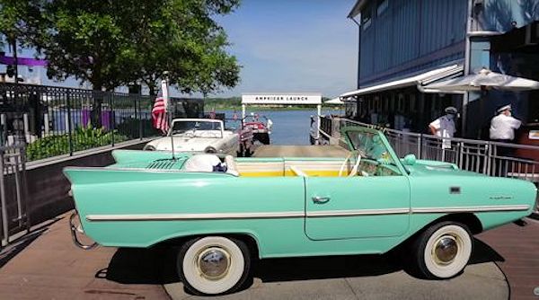 This is an image of an Amphicar at Disney Springs taken at the Walt Disney World Scavenger Hunt on wheels.