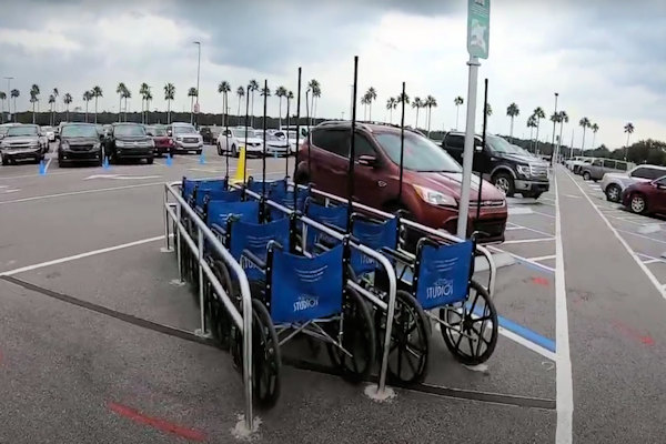 Disability Parking At Walt Disney World.  This image shows the complimentary wheelchairs in the Hollywood Studios Parking Lot.