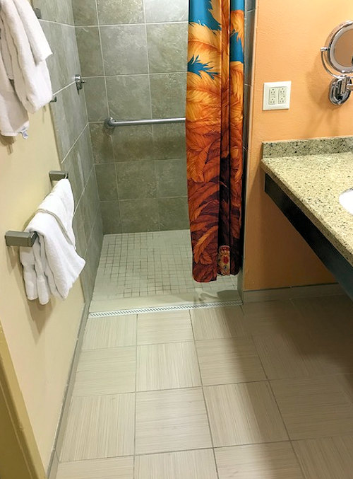 A look at the roll-in shower entrance at the Caribbean Beach Resort.