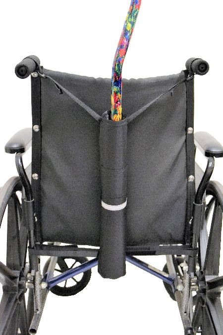 This is an image of a cane holder on a manual wheelchair