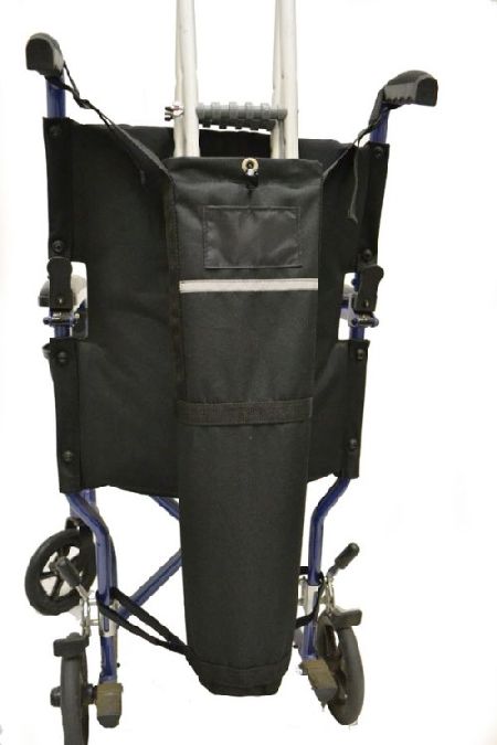 The image is of a crutch holder affixed to the seatback of a manual wheelchair.
