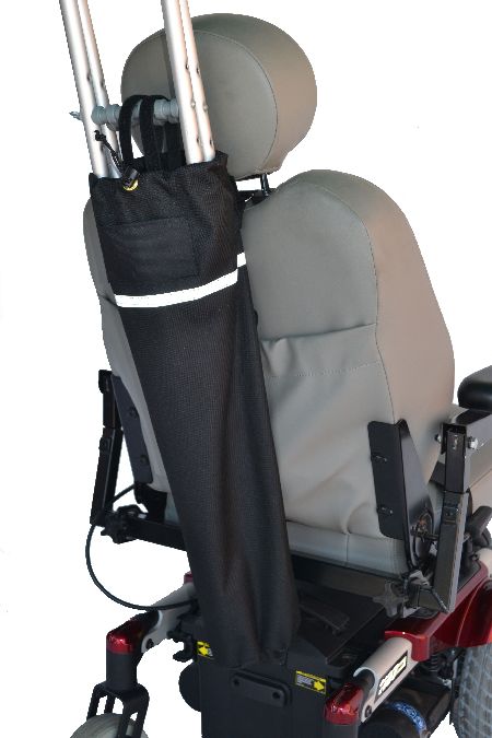Image of a fabric crutch holder on the seatback of a power wheelchair.