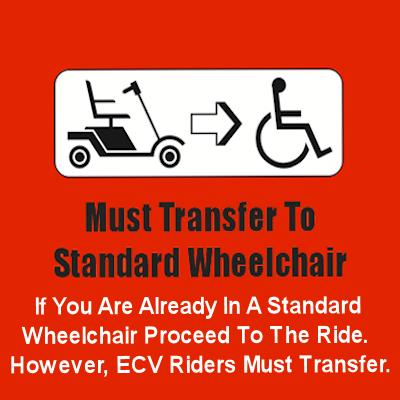 Mobility Access Symbol for "Must transfer to a standard wheelchair if not already in one. ECV riders must transfer."