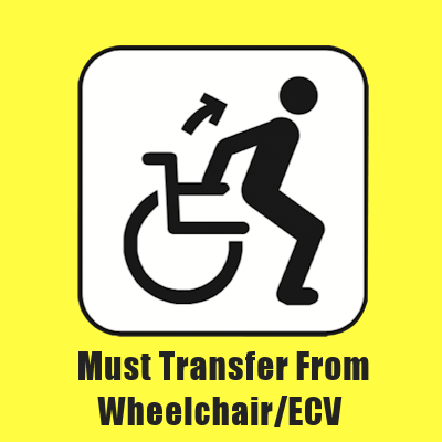 Mobility Access Symbol, "Must transfer from wheelchair/ECV."  